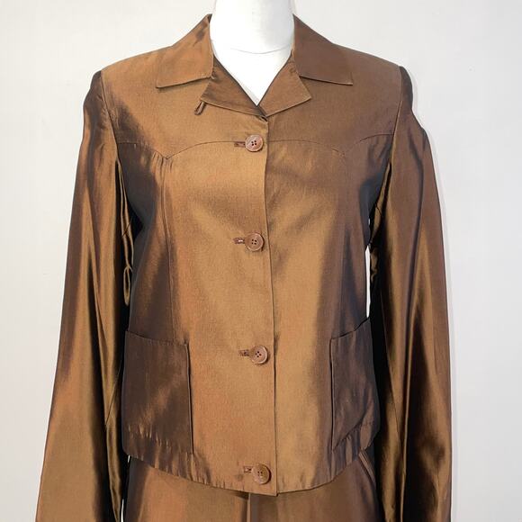 MARK EISEN Vintage Y2K Bronze Satin Blazer + Mini Skirt Set - Picture 1 of 10